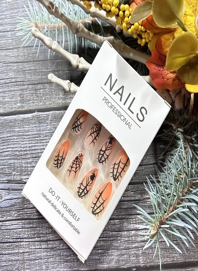 TBRZTR Hallowen Press on Nails Medium Almond Spider Web False Nail Full Cover Glossy Acrylic Artificial Fingernails Spider Pattern Halloween Nail Orange Gradient Press Ons Festival Stick on Nails for Women - Image 5